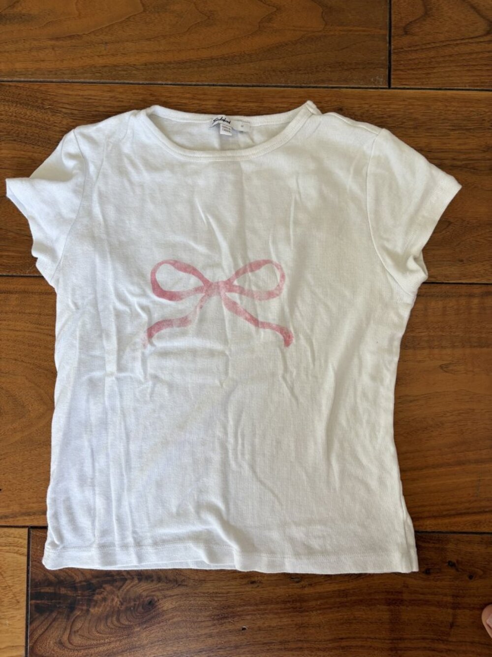 Subdued White Baby Tee Pink Bow Print Coquette Balletcore Size Medium